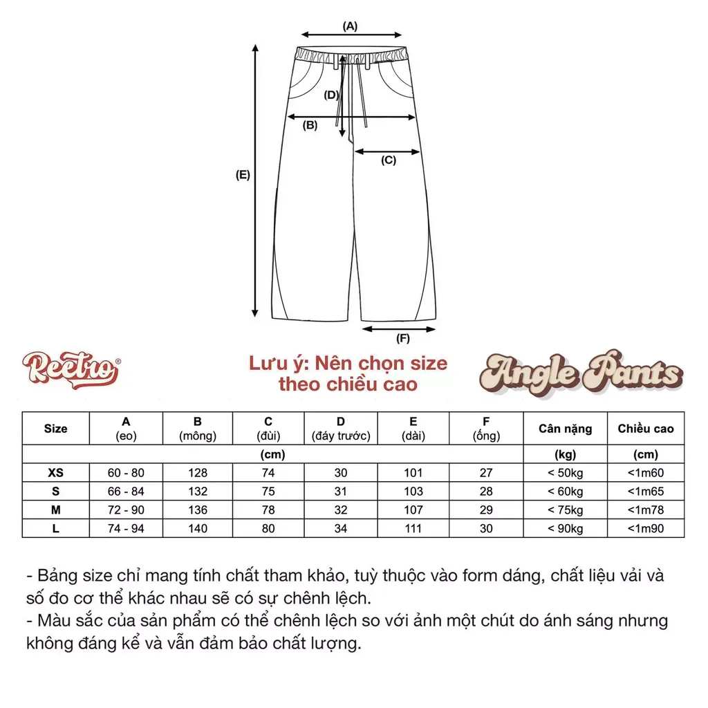 Bảng size Quần Kaki Ống Rộng Reetro Angel