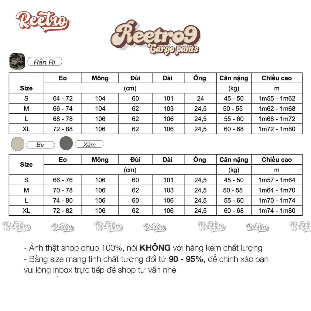 Bảng size Quần Kaki Ống Rộng Unisex Reetro 9 – Có Túi Hộp