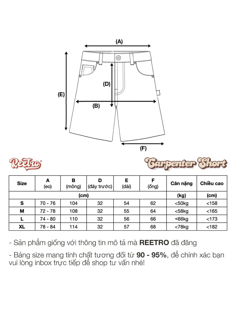 Bảng size Quần Short Kaki Lửng Reetro Carpenter Unisex