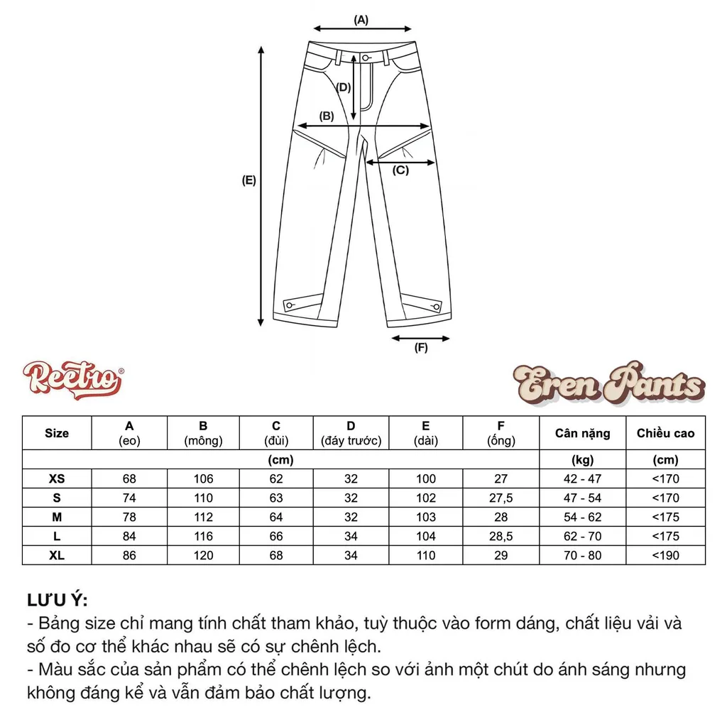 Bảng size Quần Kaki Sớ Jeans Eren Pants
