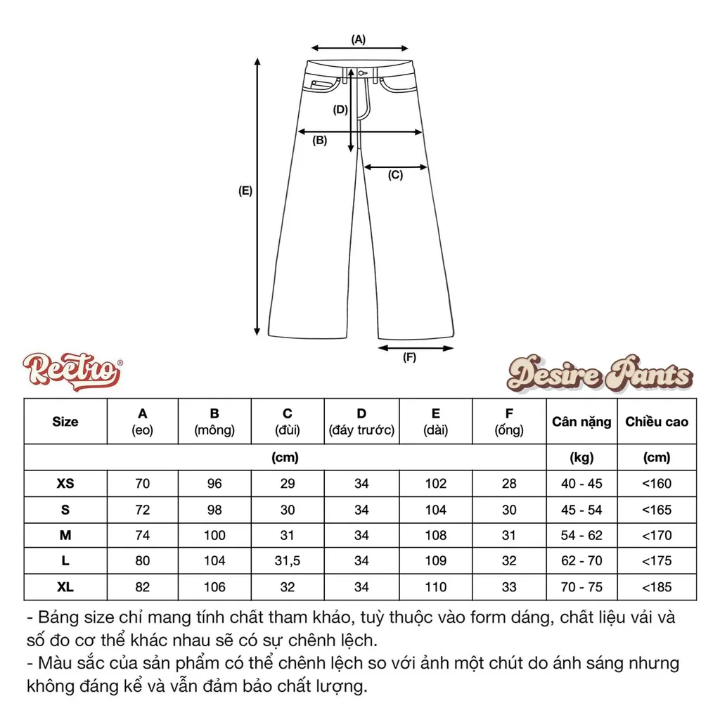 Bảng size Quần Jeans Ống Rộng Reetro Desire