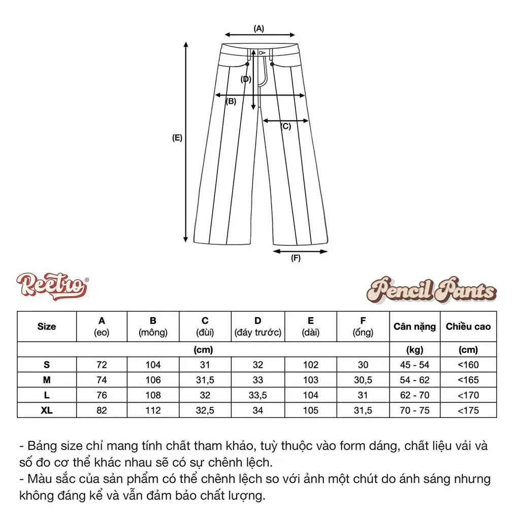 Bảng size Quần Khaki Ống Rộng Nam Nữ Reetro Butchi
