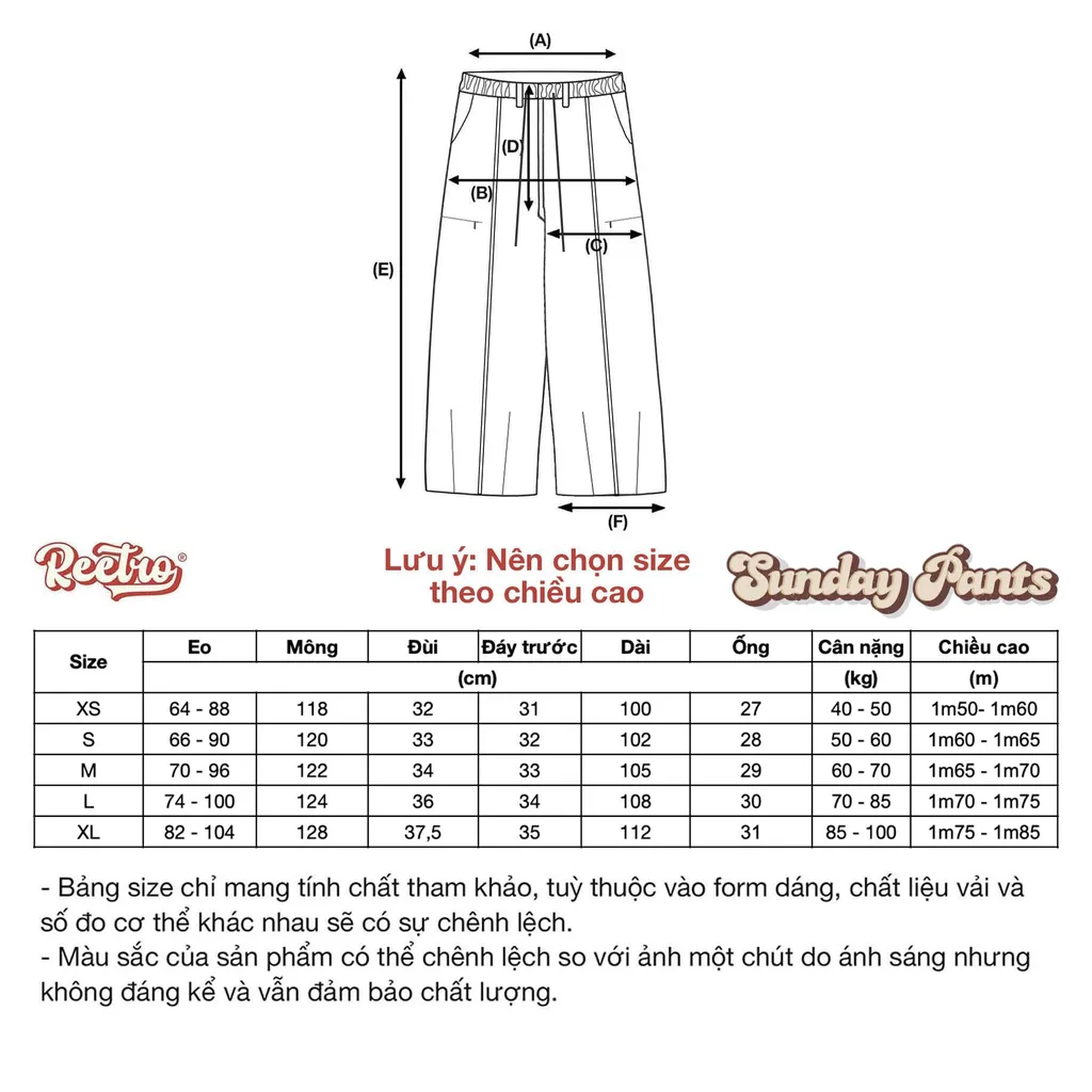 Bảng size Quần Dù Ống Suông Sunday Lưng Thun