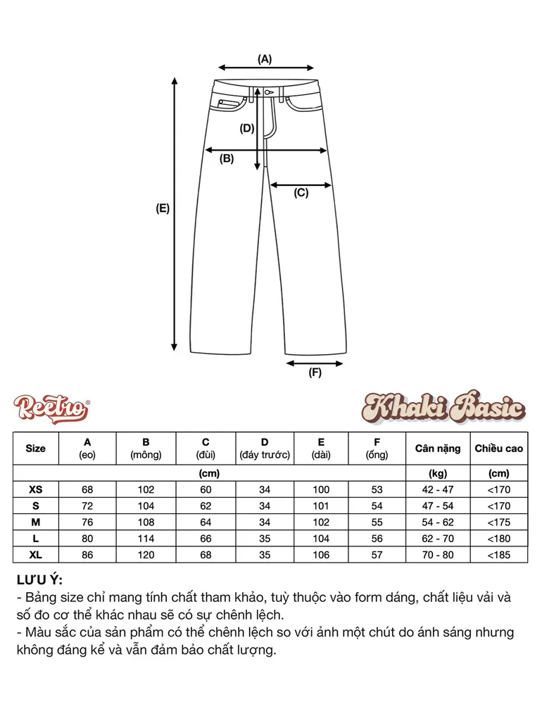 Bảng size Quần Kaki Jeans Dài Ống Rộng Basic