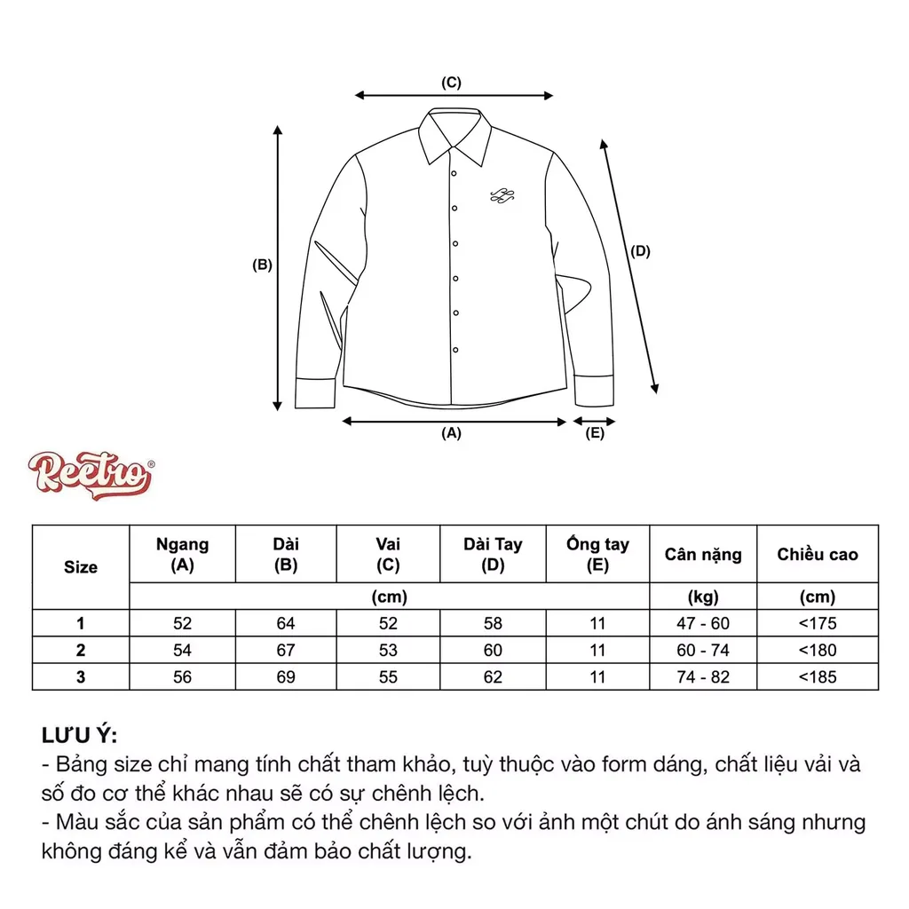 Bảng size Áo Sơ Mi Kẻ Caro Dài Tay Reetro Captain