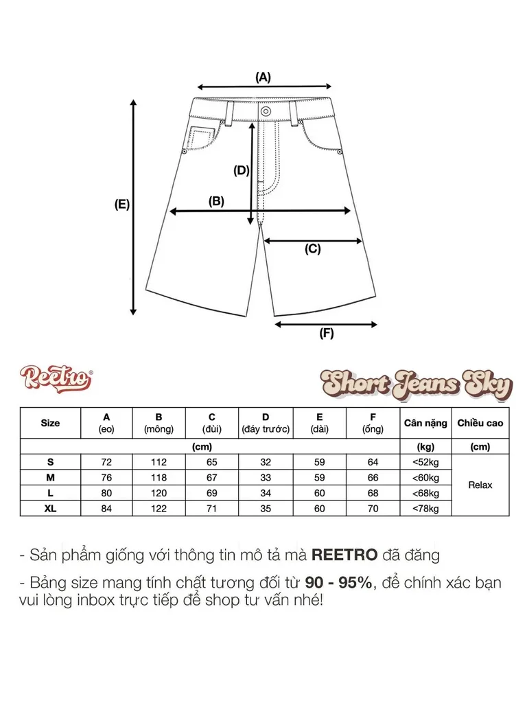 Bảng size Quần Short Jeans Ống Rộng Reetro Sky Unisex