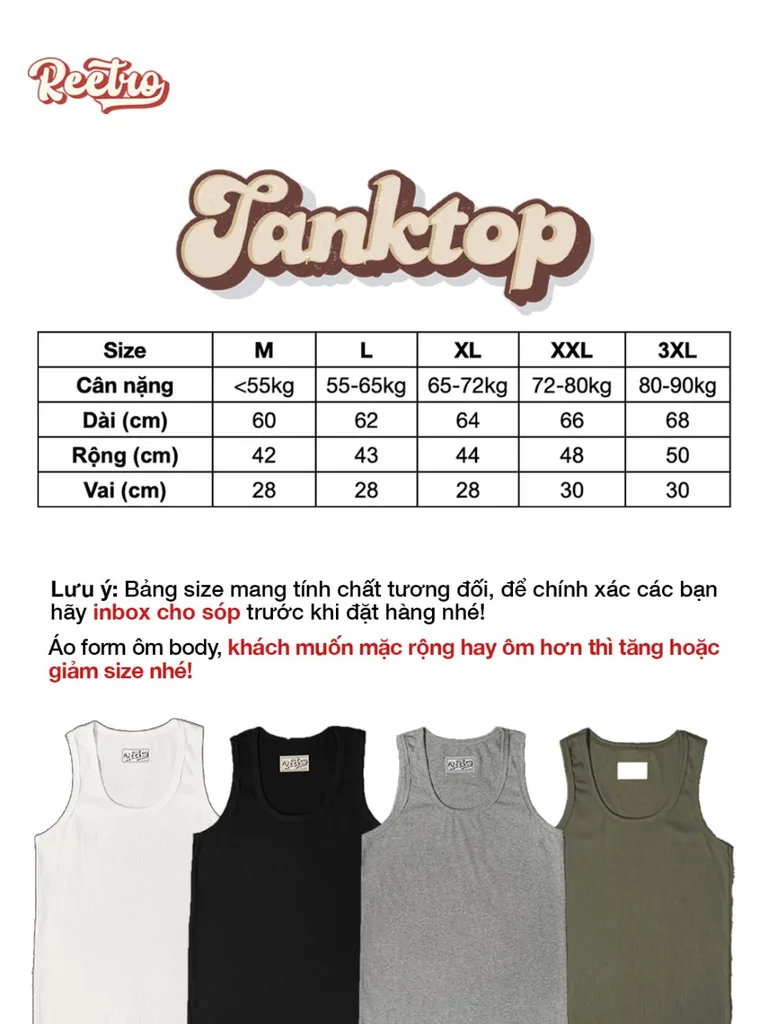 Bảng size Áo Ba Lỗ Thun Gân Tank Top