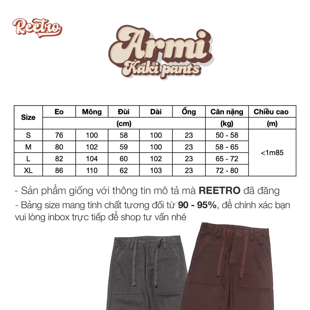 Bảng size Quần Kaki Ống Rộng Unisex – Armi Pants
