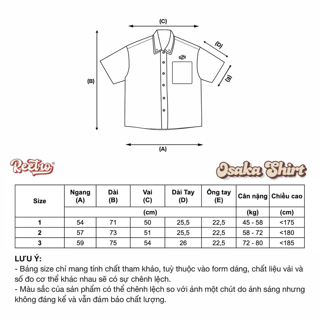 Bảng size Áo Sơ Mi Osaka Basic Reetro Denim Tay Ngắn