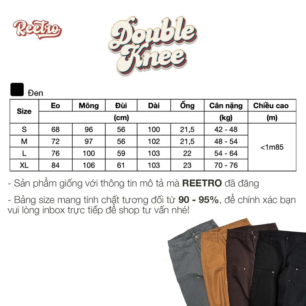Bảng size Quần Double Knee Kaki Ống Suông – Màu Đen