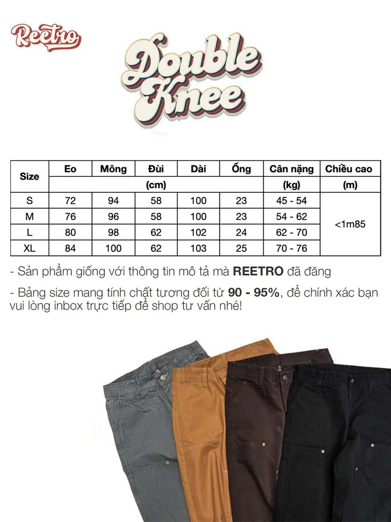 Bảng size Quần Double Knee Kaki Ống Suông – Màu Be, Rêu, Olive