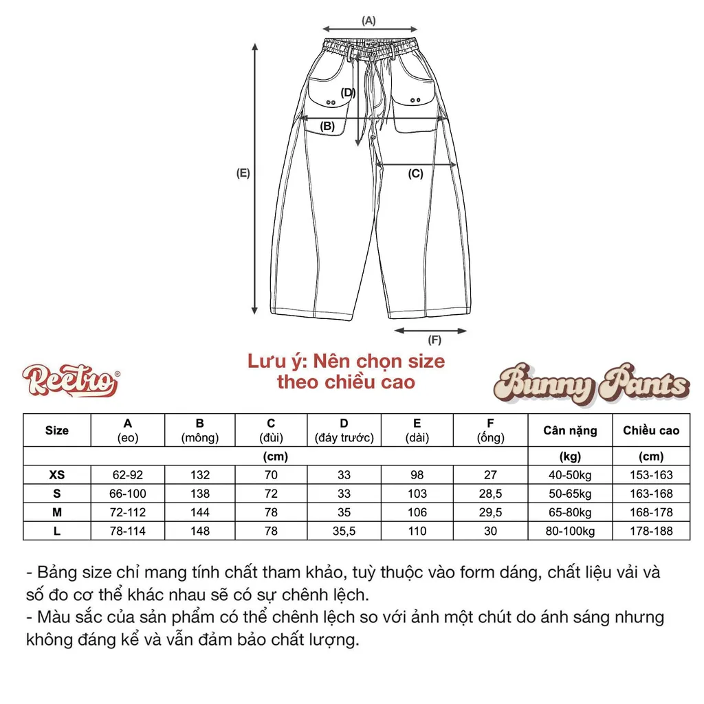 Bảng size Quần Kaki Ống Rộng Bunny