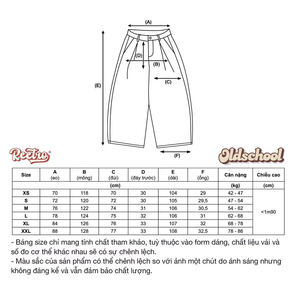 Bảng size Quần Tây Ống Rộng Xếp Ly Reetro Oldschool