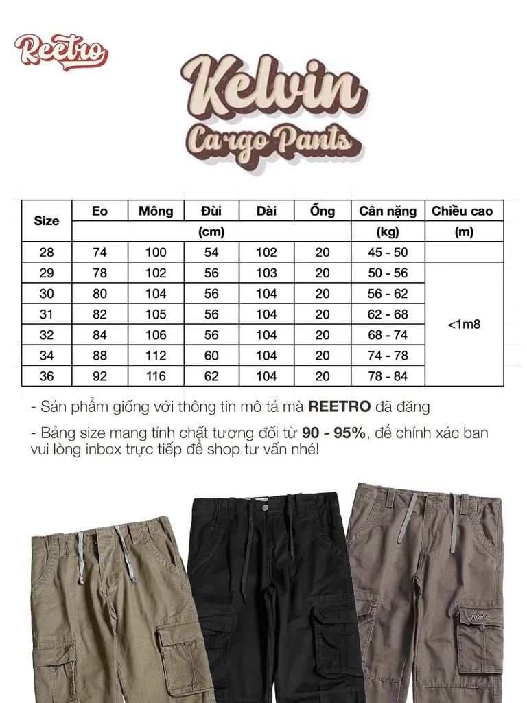 Bảng size Quần Kaki Túi Hộp Kelvin Dây Rút