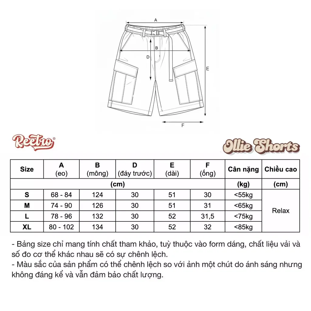 Bảng size Quần Short Dù Túi Hộp Ollie