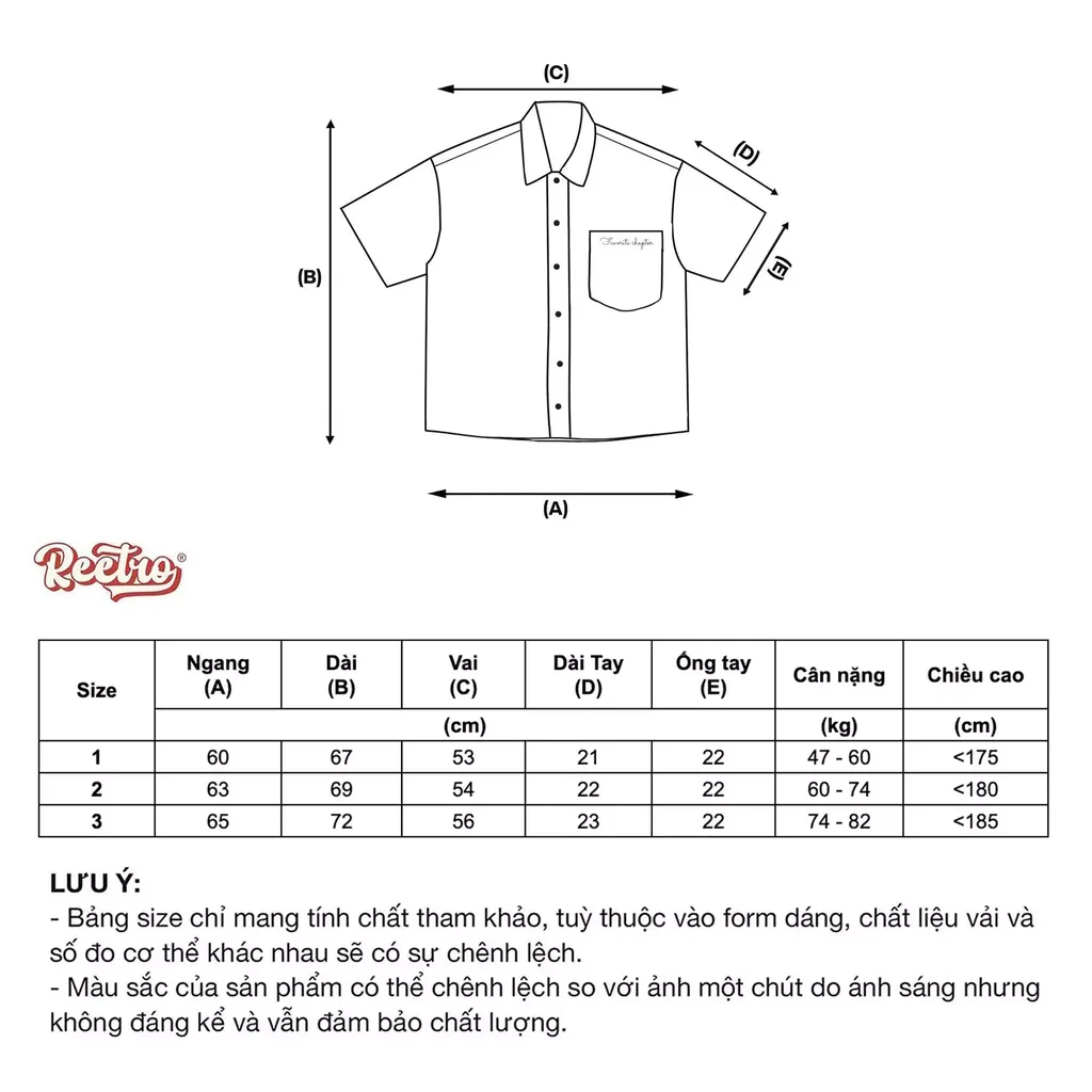 Bảng size Áo Sơ Mi Caro Favorite Chapter
